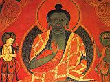 Tibet Guge 07 Tsaparang Red Temple 05 Amoghasiddhi On the walls large frescoes follow one another reproducing the �gods of medicine� together with other deities. - Giuseppe Tucci: The Temples of Western Tibet and their Artistic Symbolism (1935). Photo of Amoghasiddhi: Weyer/Aschoff: Tsaparang, Tibets Grosses Geheimnis.
